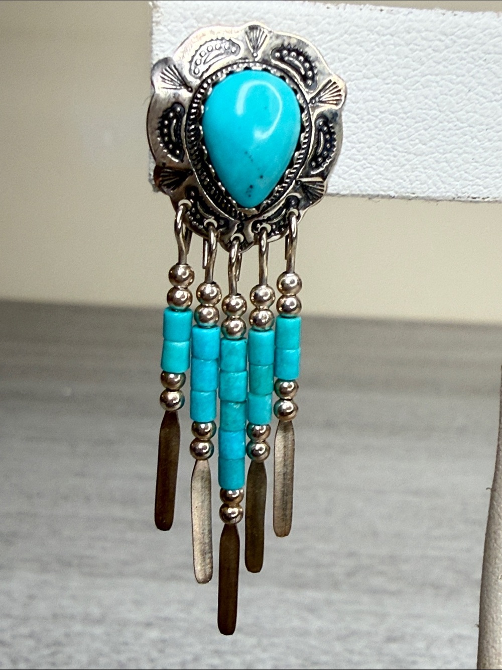 Vintage Southwestern QUOC QT 925 Sterling Silver Turquoise Dangle Post Earrings - Picture 3 of 4